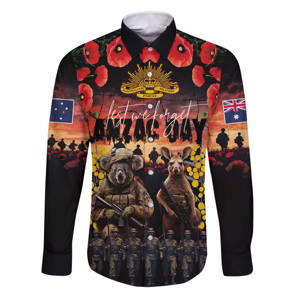 Australia ANZAC Day Family Matching Off Shoulder Maxi Dress and Hawaiian Shirt Kangaroo and Koala Soldier - Forever in My Thoughts LT03 Dad's Shirt - Long Sleeve Black - Polynesian Pride
