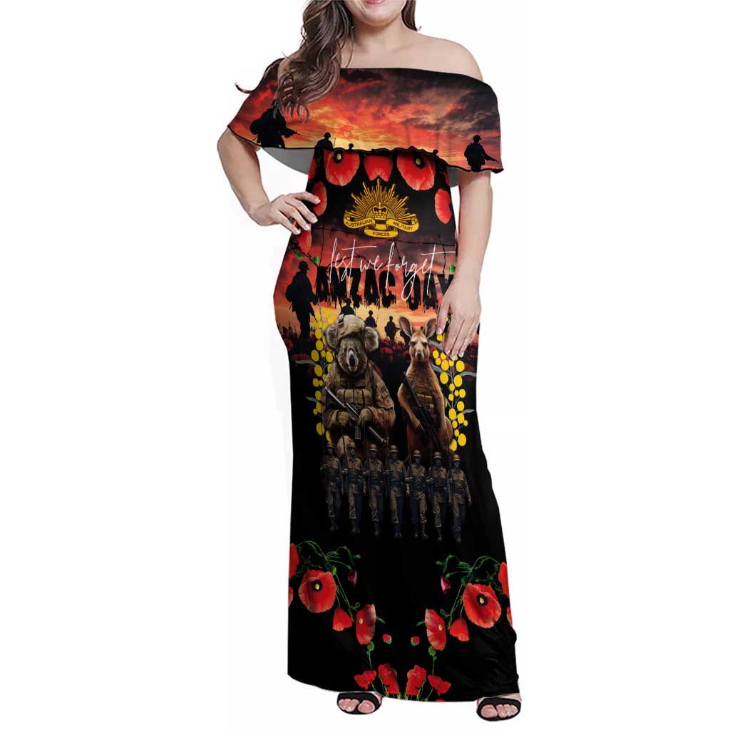 Australia ANZAC Day Family Matching Off Shoulder Maxi Dress and Hawaiian Shirt Kangaroo and Koala Soldier - Forever in My Thoughts LT03 Mom's Dress Black - Polynesian Pride