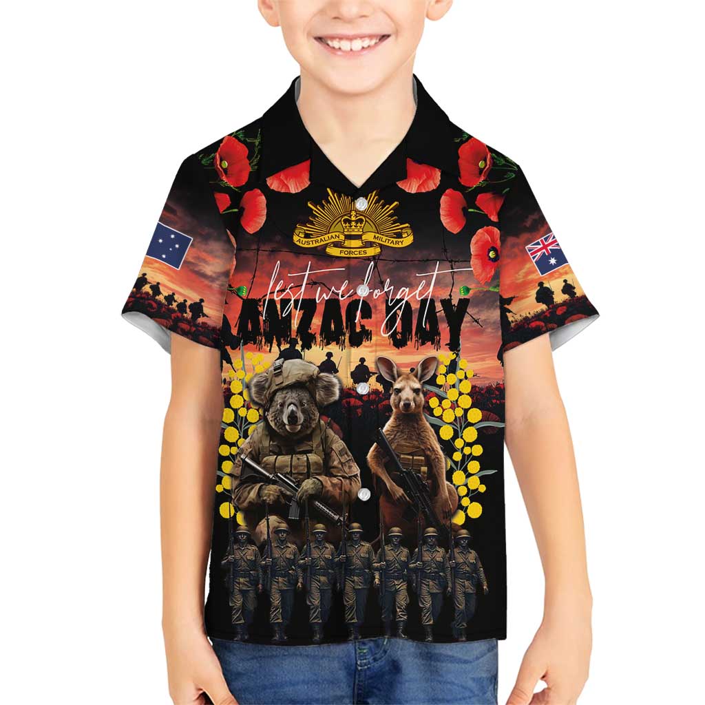 Australia ANZAC Day Family Matching Off Shoulder Short Dress and Hawaiian Shirt Kangaroo and Koala Soldier - Forever in My Thoughts LT03 Son's Shirt Black - Polynesian Pride