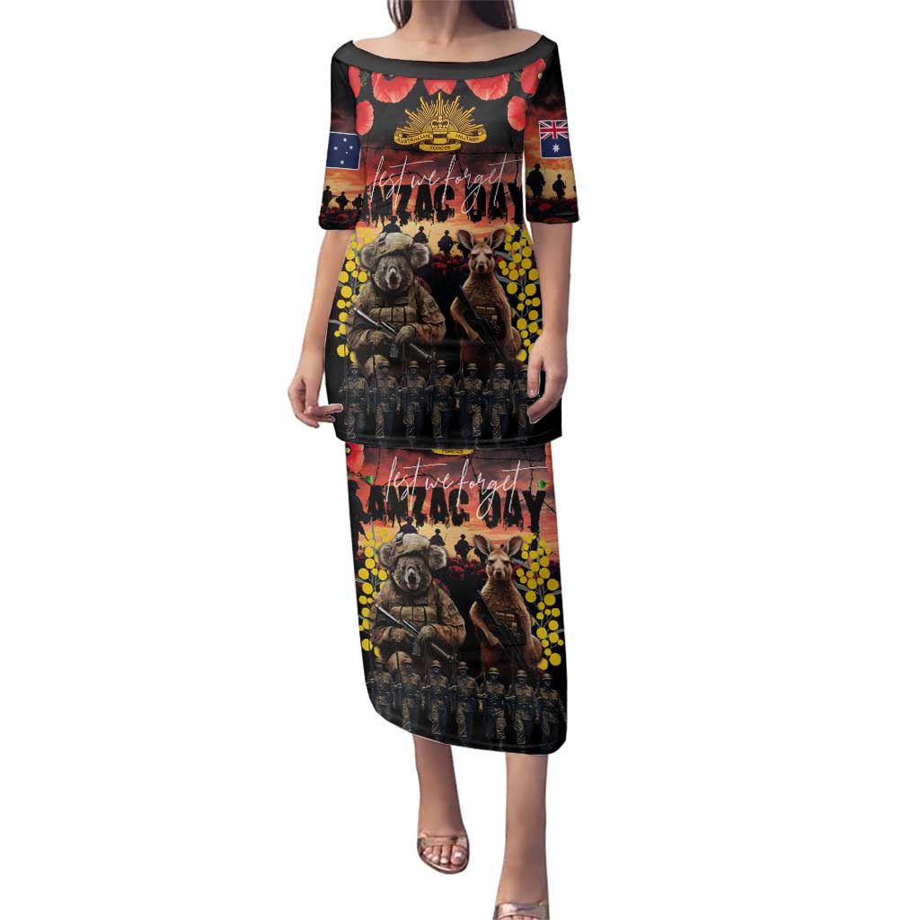 Australia ANZAC Day Family Matching Puletasi and Hawaiian Shirt Kangaroo and Koala Soldier - Forever in My Thoughts LT03 Mom's Dress Black - Polynesian Pride