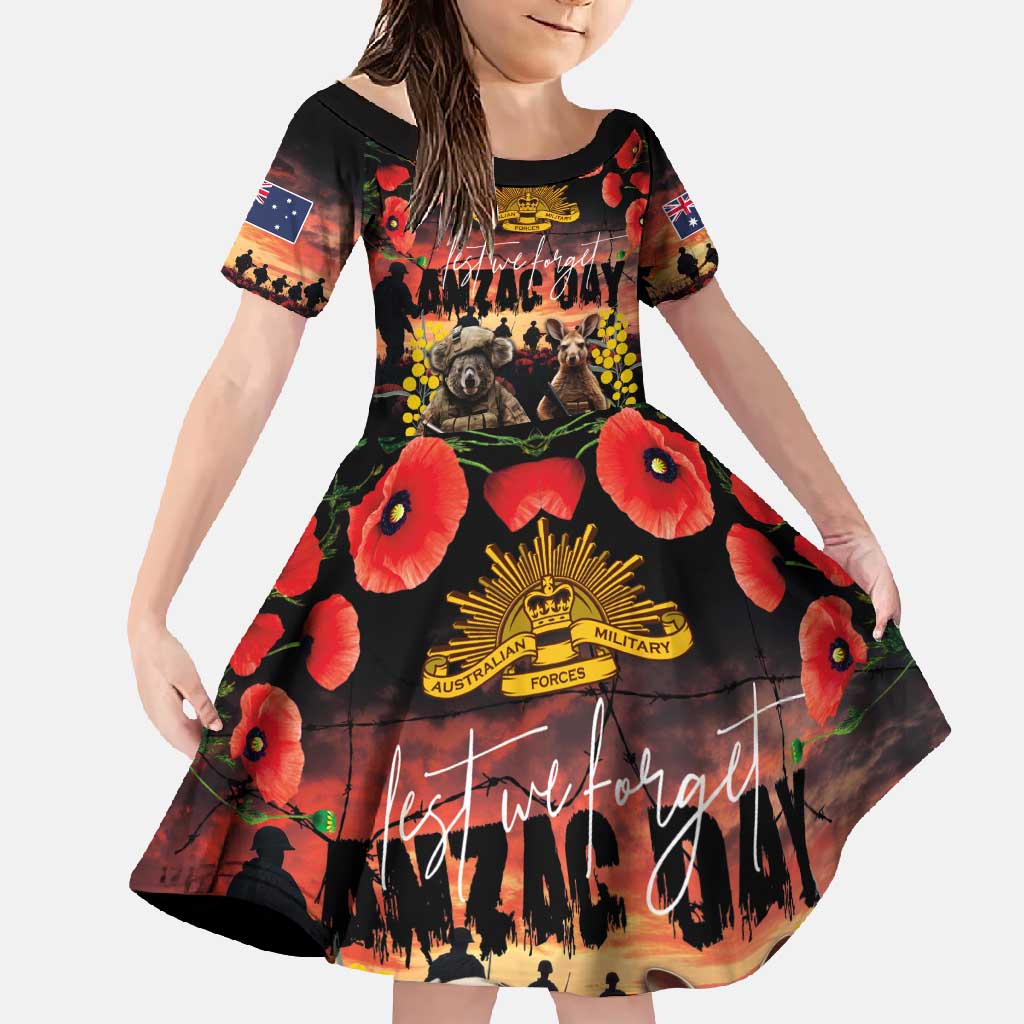 Australia ANZAC Day Family Matching Summer Maxi Dress and Hawaiian Shirt Kangaroo and Koala Soldier - Forever in My Thoughts LT03 Daughter's Dress Black - Polynesian Pride