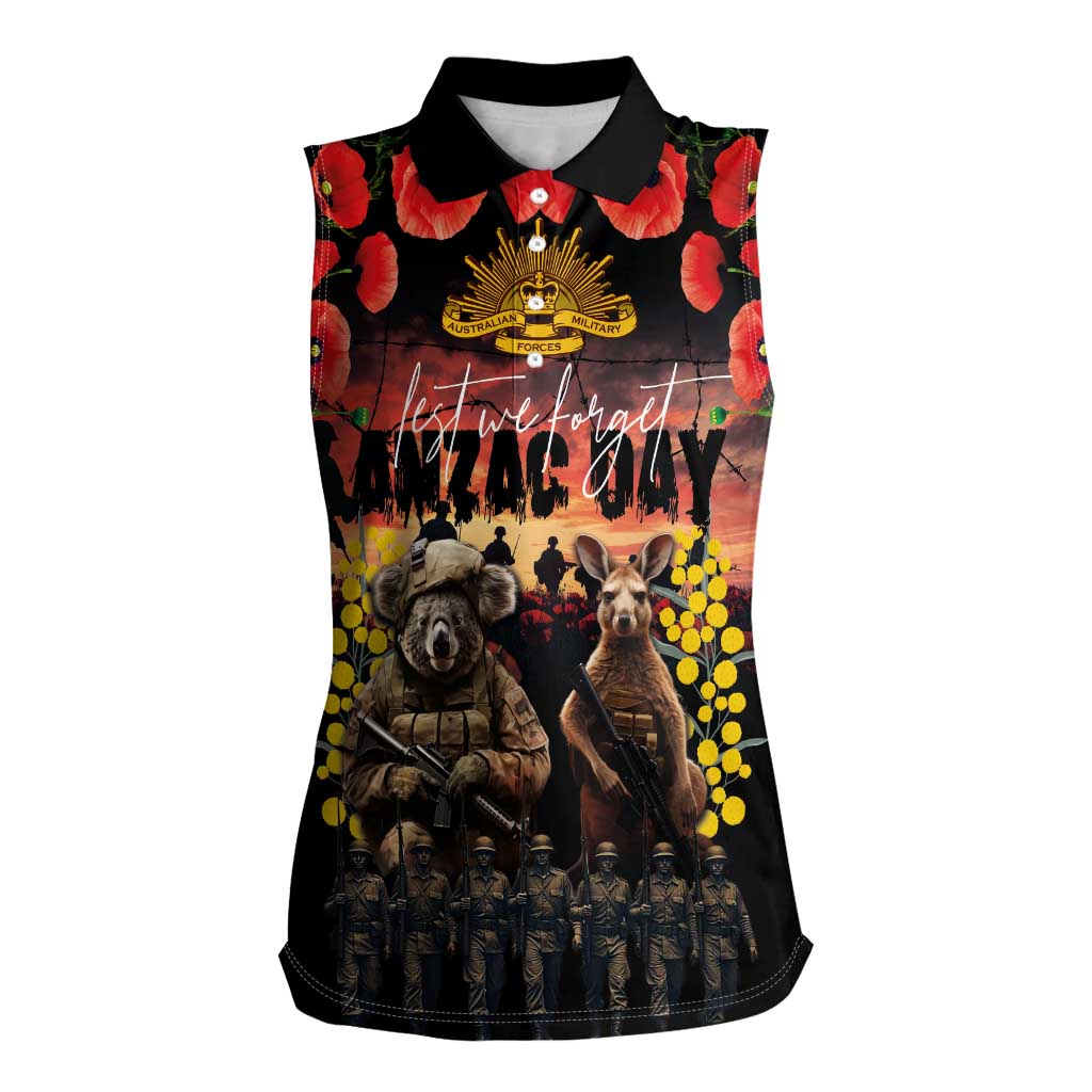 Australia ANZAC Day Women Sleeveless Polo Shirt Kangaroo and Koala Soldier - Forever in My Thoughts LT03 Female Black - Polynesian Pride