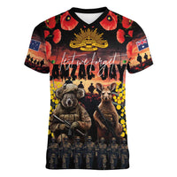 Australia ANZAC Day Women V-Neck T-Shirt Kangaroo and Koala Soldier - Forever in My Thoughts LT03 Female Black - Polynesian Pride