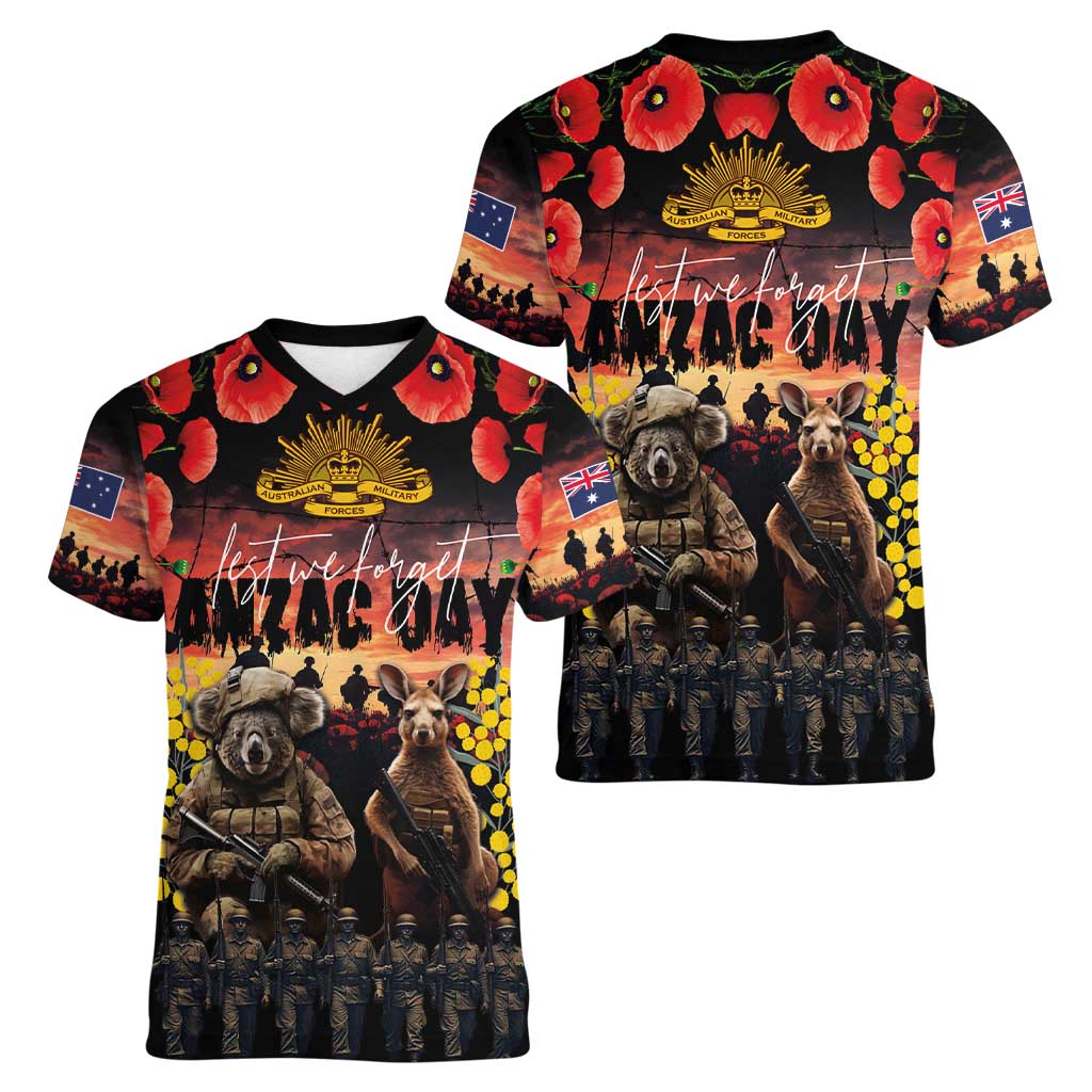 Australia ANZAC Day Women V-Neck T-Shirt Kangaroo and Koala Soldier - Forever in My Thoughts LT03 - Polynesian Pride