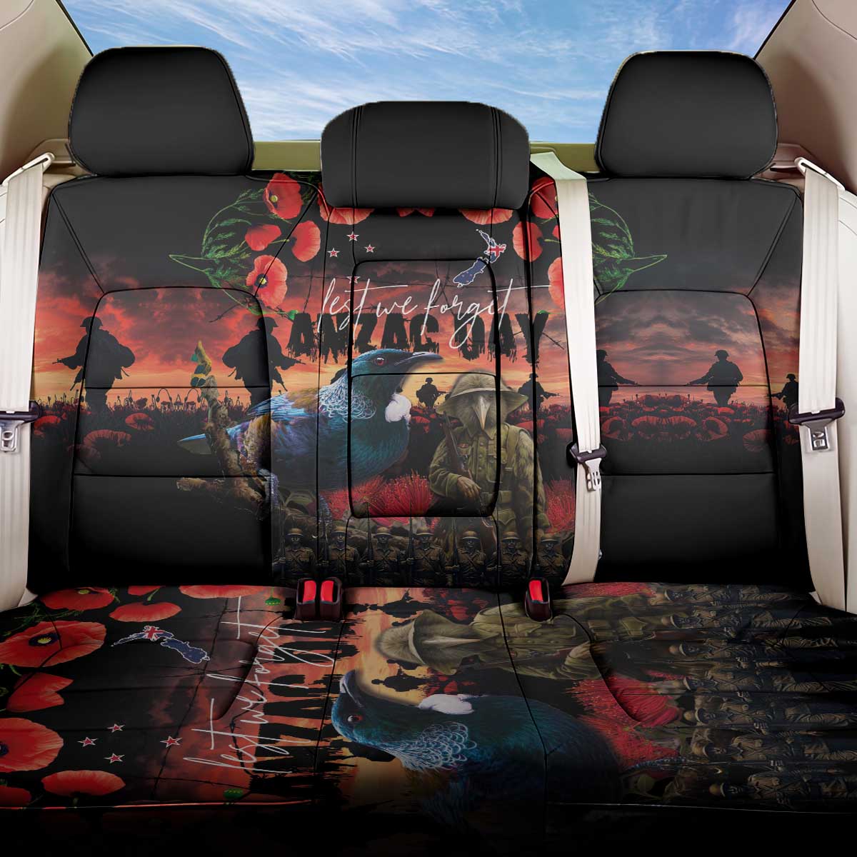 New Zealand ANZAC Day Back Car Seat Cover Tui Bird and Kiwi Bird Soldier - Forever in My Thoughts LT03 One Size Black - Polynesian Pride