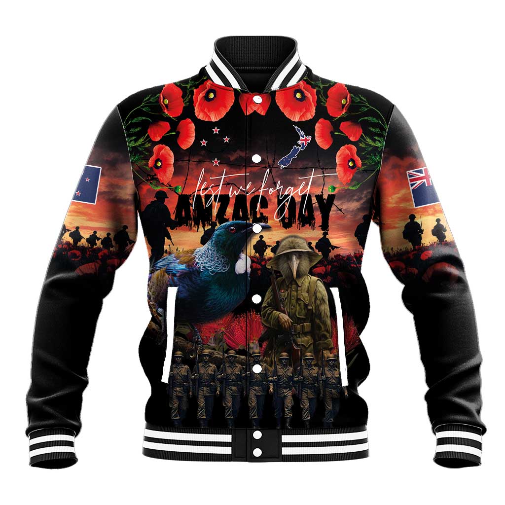New Zealand ANZAC Day Baseball Jacket Tui Bird and Kiwi Bird Soldier - Forever in My Thoughts LT03 Unisex Black - Polynesian Pride