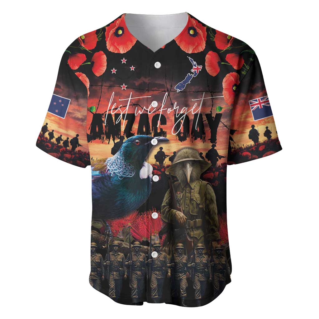 New Zealand ANZAC Day Baseball Jersey Tui Bird and Kiwi Bird Soldier - Forever in My Thoughts LT03 Black - Polynesian Pride