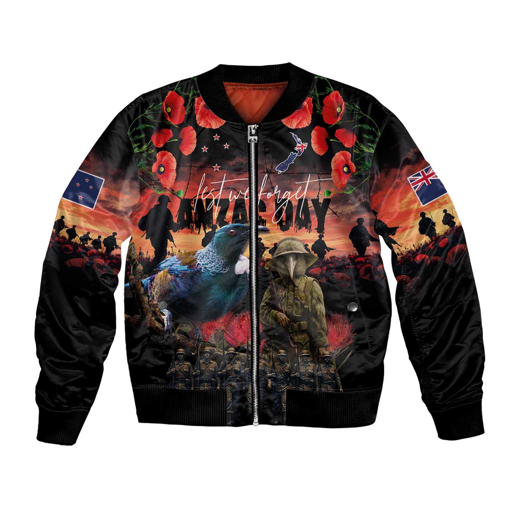 New Zealand ANZAC Day Bomber Jacket Tui Bird and Kiwi Bird Soldier - Forever in My Thoughts LT03 Unisex Black - Polynesian Pride