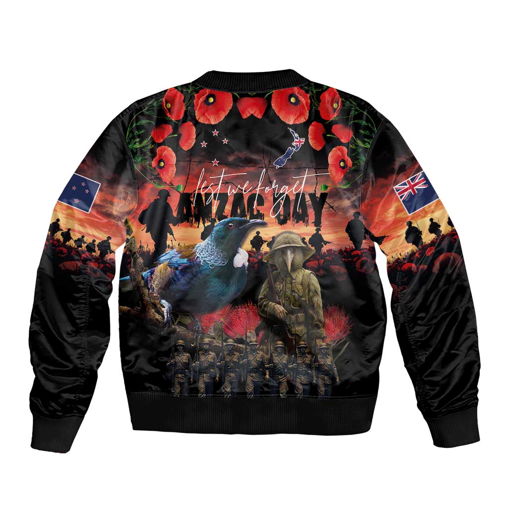 New Zealand ANZAC Day Bomber Jacket Tui Bird and Kiwi Bird Soldier - Forever in My Thoughts LT03 - Polynesian Pride