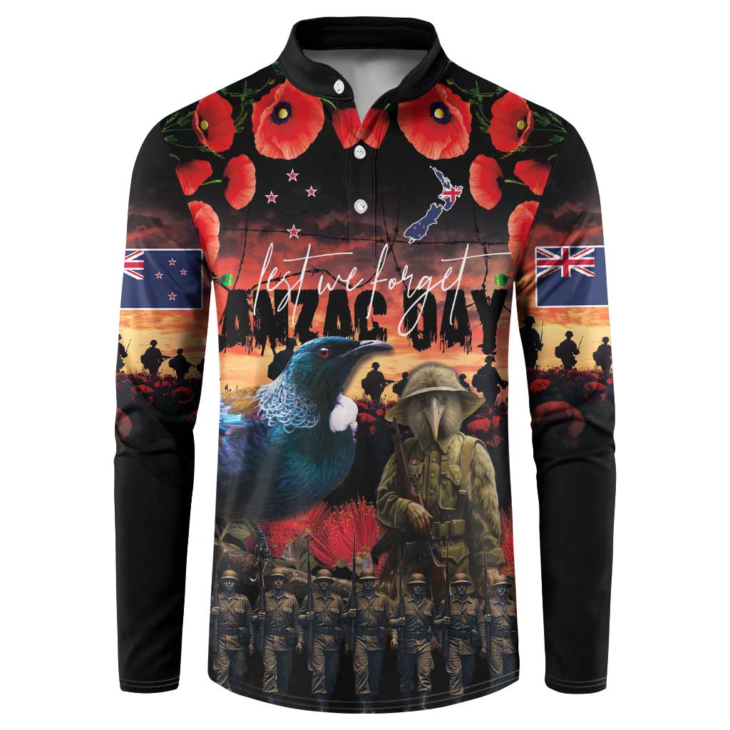 New Zealand ANZAC Day Button Sweatshirt Tui Bird and Kiwi Bird Soldier - Forever in My Thoughts LT03 Black - Polynesian Pride