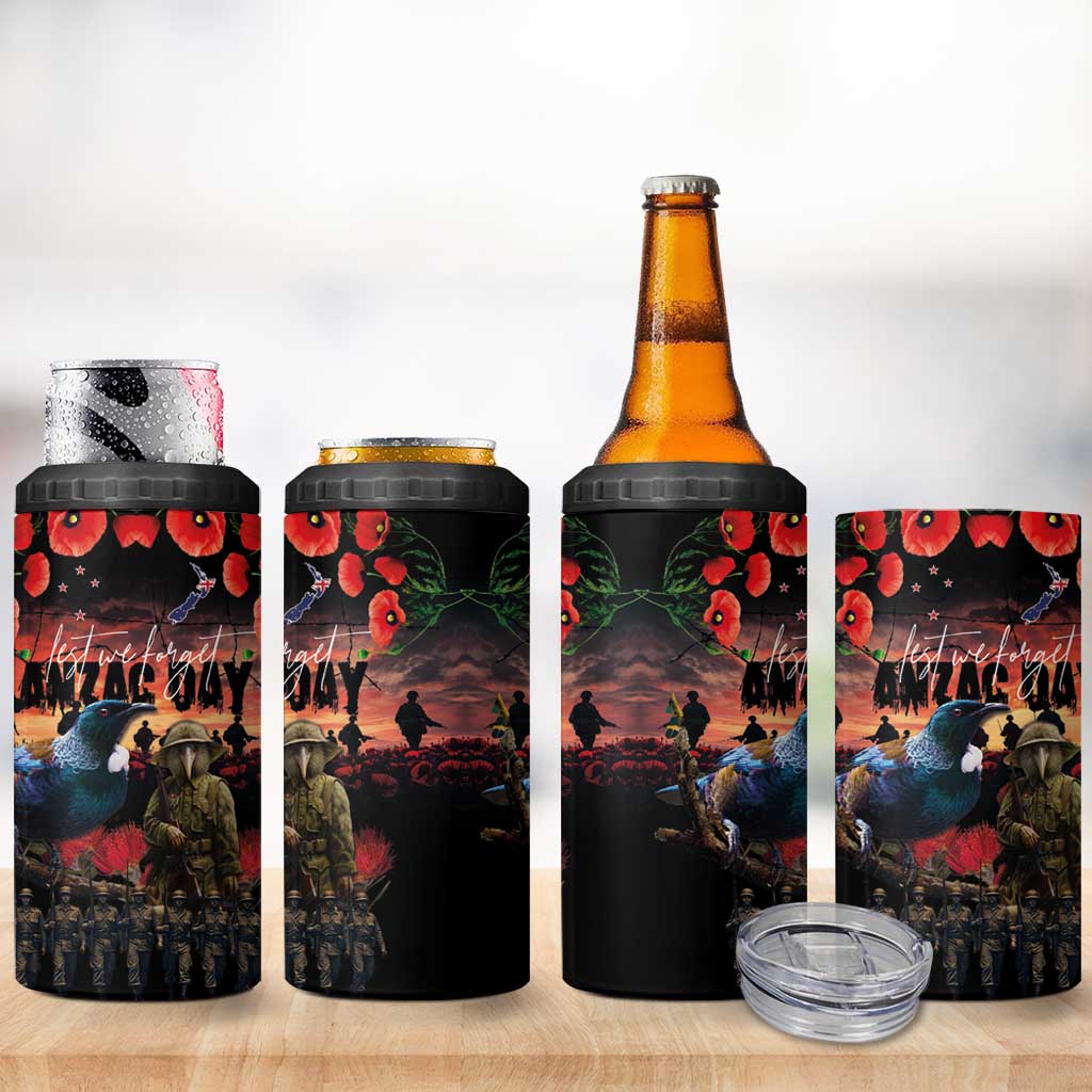 New Zealand ANZAC Day 4 in 1 Can Cooler Tumbler Tui Bird and Kiwi Bird Soldier Forever in My Thoughts LT03 - Polynesian Pride
