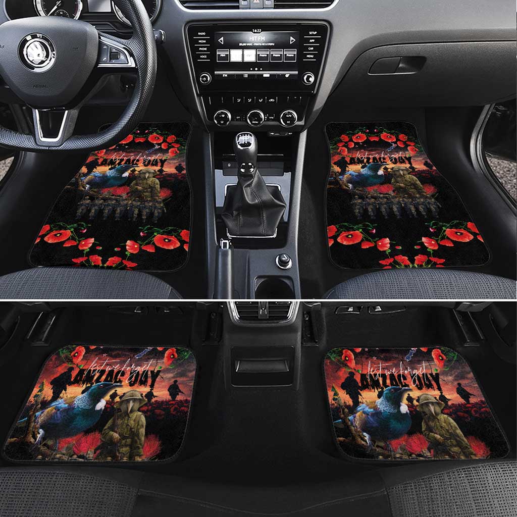 New Zealand ANZAC Day Car Mats Tui Bird and Kiwi Bird Soldier - Forever in My Thoughts LT03 Set 4pcs Black - Polynesian Pride