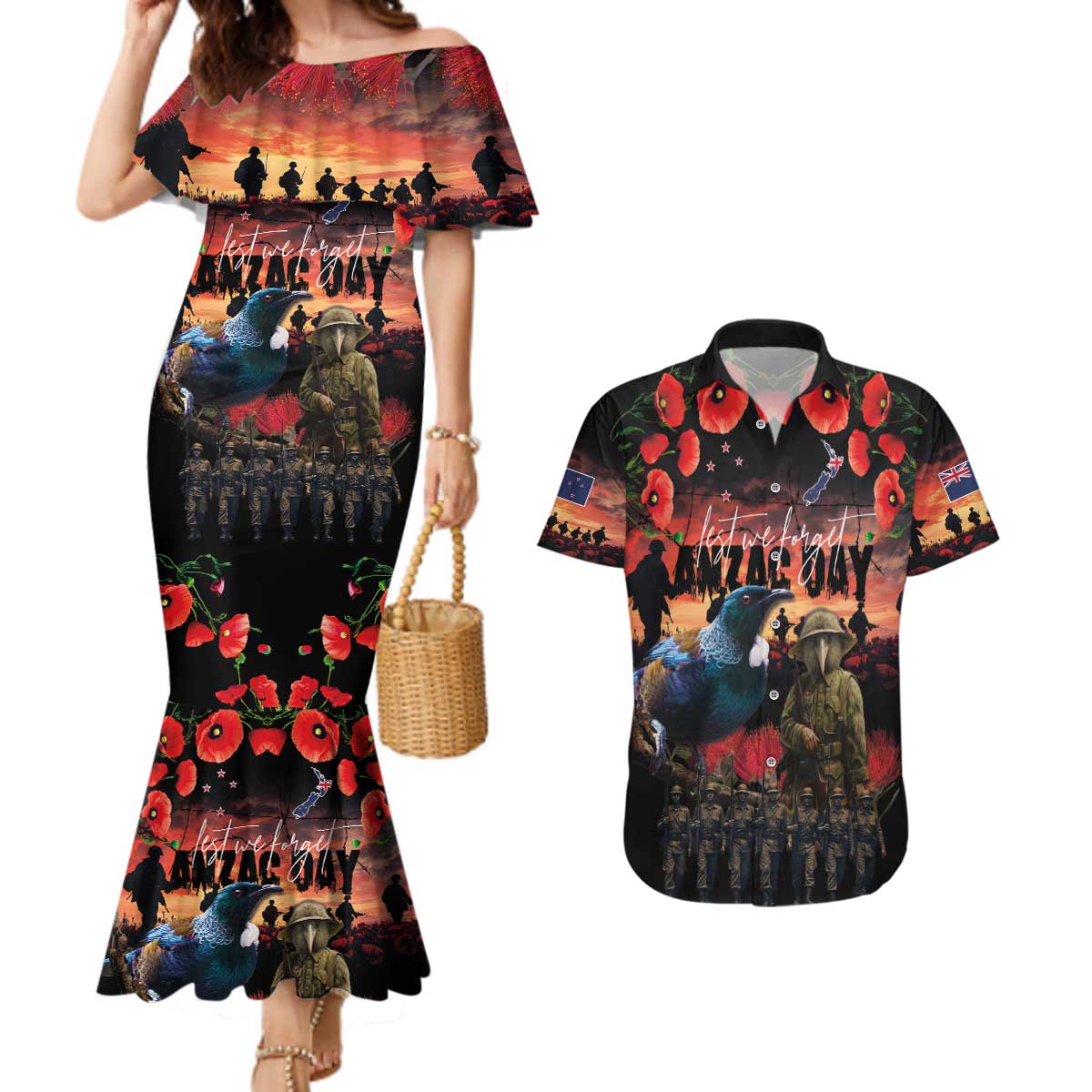 New Zealand ANZAC Day Couples Matching Mermaid Dress and Hawaiian Shirt Tui Bird and Kiwi Bird Soldier - Forever in My Thoughts LT03 Black - Polynesian Pride