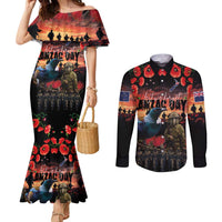 New Zealand ANZAC Day Couples Matching Mermaid Dress and Long Sleeve Button Shirt Tui Bird and Kiwi Bird Soldier - Forever in My Thoughts LT03 Black - Polynesian Pride