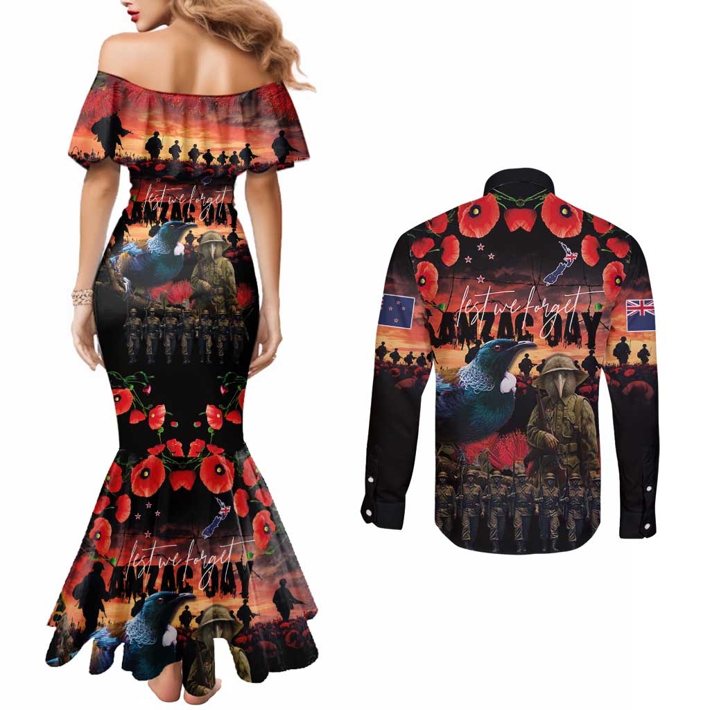 New Zealand ANZAC Day Couples Matching Mermaid Dress and Long Sleeve Button Shirt Tui Bird and Kiwi Bird Soldier - Forever in My Thoughts LT03 - Polynesian Pride