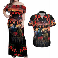 New Zealand ANZAC Day Couples Matching Off Shoulder Maxi Dress and Hawaiian Shirt Tui Bird and Kiwi Bird Soldier - Forever in My Thoughts LT03 Black - Polynesian Pride