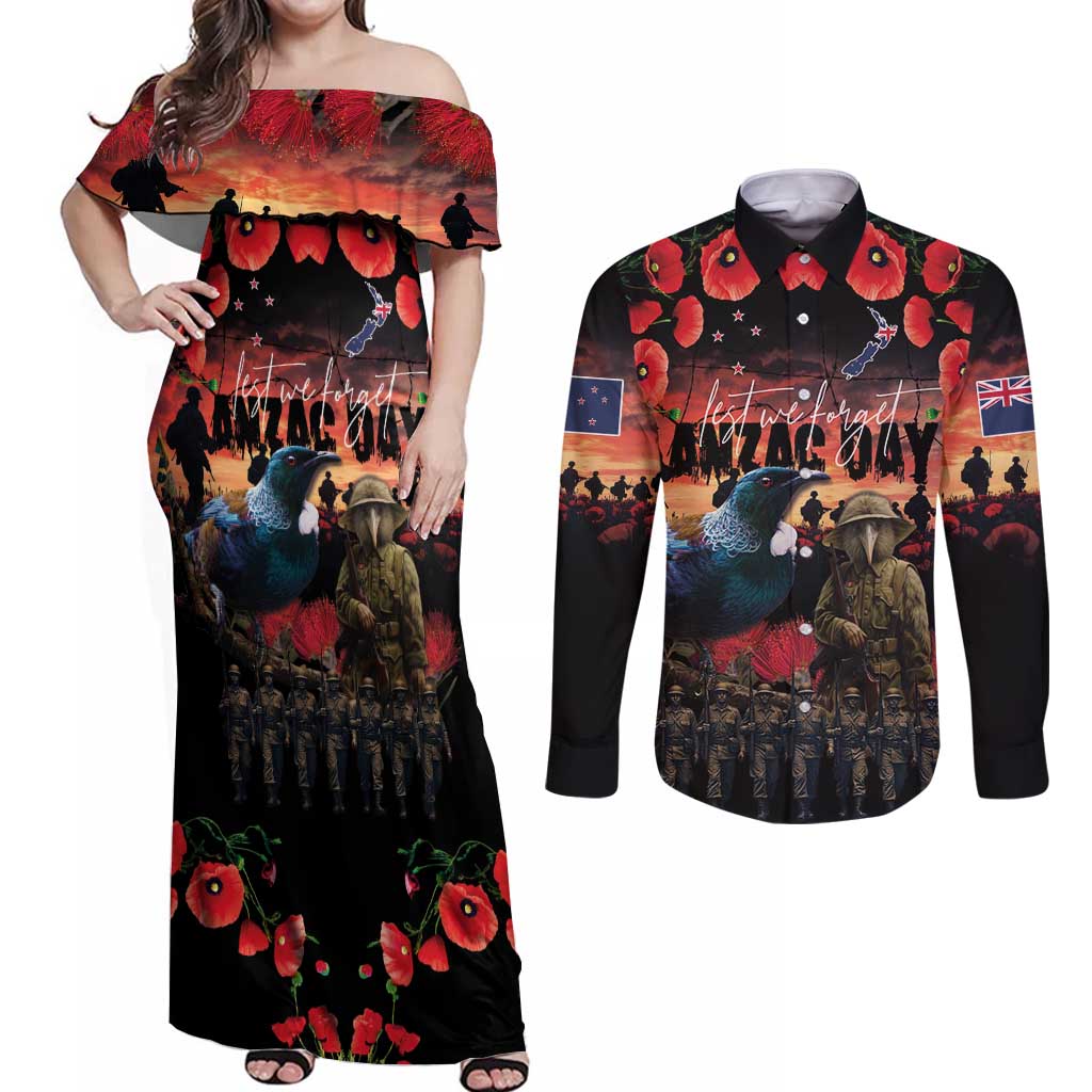 New Zealand ANZAC Day Couples Matching Off Shoulder Maxi Dress and Long Sleeve Button Shirt Tui Bird and Kiwi Bird Soldier - Forever in My Thoughts LT03 Black - Polynesian Pride
