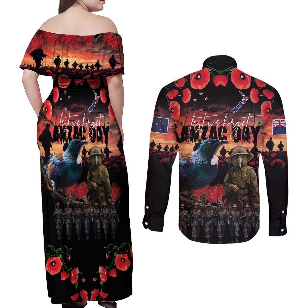 New Zealand ANZAC Day Couples Matching Off Shoulder Maxi Dress and Long Sleeve Button Shirt Tui Bird and Kiwi Bird Soldier - Forever in My Thoughts LT03 - Polynesian Pride