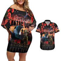 New Zealand ANZAC Day Couples Matching Off Shoulder Short Dress and Hawaiian Shirt Tui Bird and Kiwi Bird Soldier - Forever in My Thoughts LT03 Black - Polynesian Pride