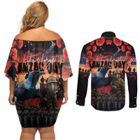 New Zealand ANZAC Day Couples Matching Off Shoulder Short Dress and Long Sleeve Button Shirt Tui Bird and Kiwi Bird Soldier - Forever in My Thoughts LT03 - Polynesian Pride