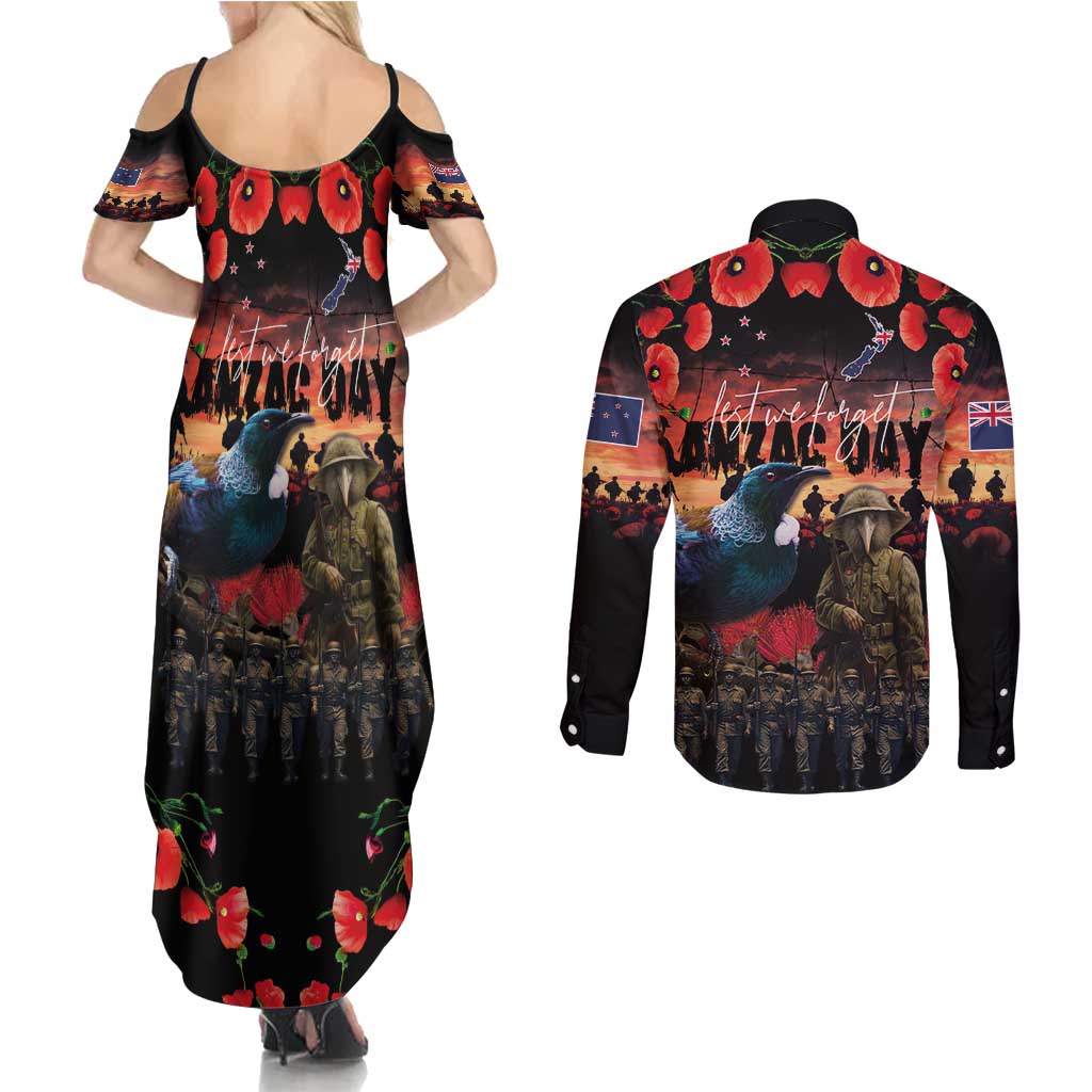 New Zealand ANZAC Day Couples Matching Summer Maxi Dress and Long Sleeve Button Shirt Tui Bird and Kiwi Bird Soldier - Forever in My Thoughts LT03 - Polynesian Pride