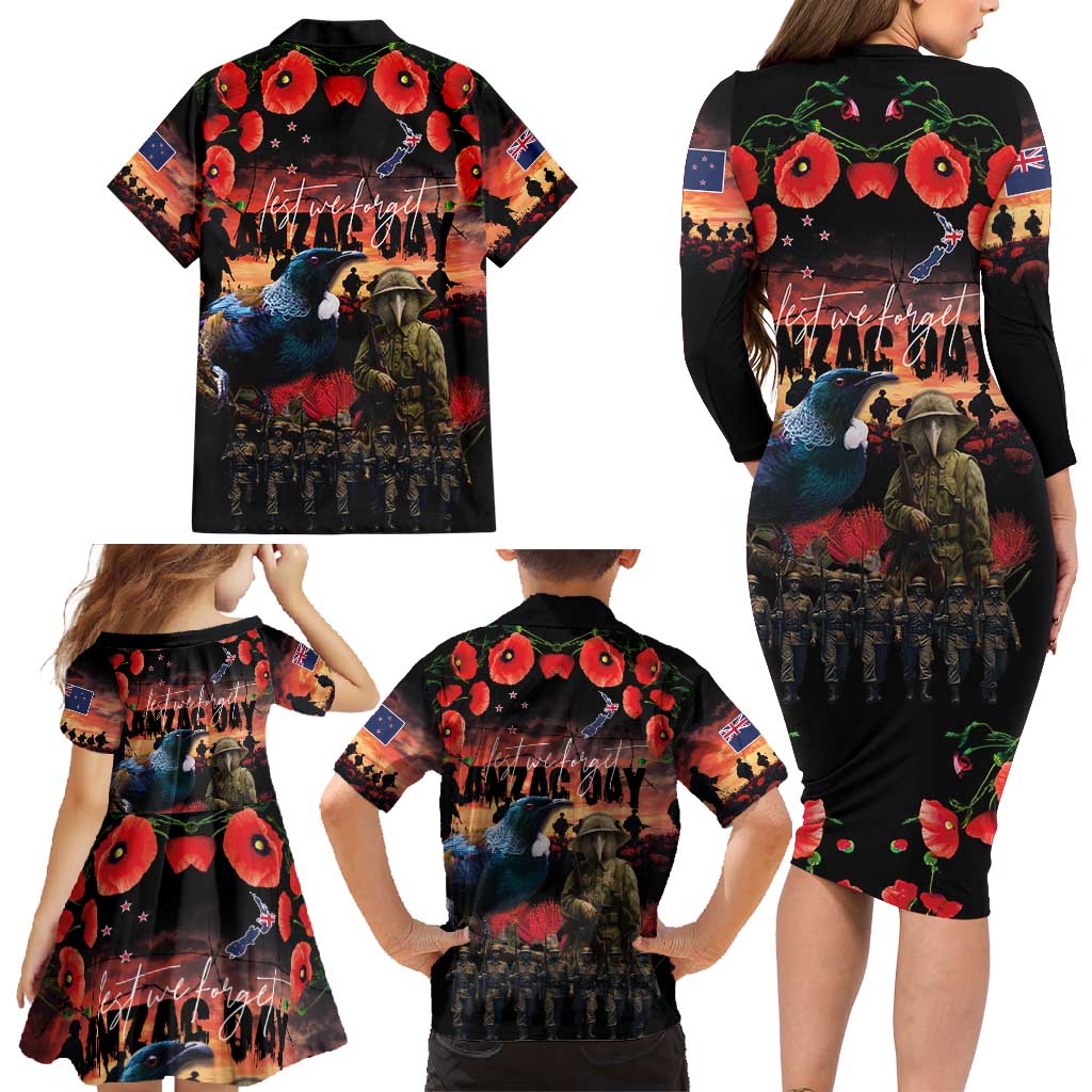 New Zealand ANZAC Day Family Matching Long Sleeve Bodycon Dress and Hawaiian Shirt Tui Bird and Kiwi Bird Soldier - Forever in My Thoughts LT03 - Polynesian Pride