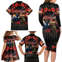 New Zealand ANZAC Day Family Matching Long Sleeve Bodycon Dress and Hawaiian Shirt Tui Bird and Kiwi Bird Soldier - Forever in My Thoughts LT03 - Polynesian Pride