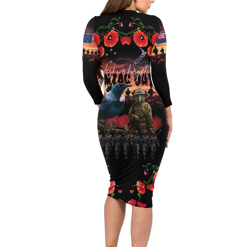 New Zealand ANZAC Day Family Matching Long Sleeve Bodycon Dress and Hawaiian Shirt Tui Bird and Kiwi Bird Soldier - Forever in My Thoughts LT03 - Polynesian Pride