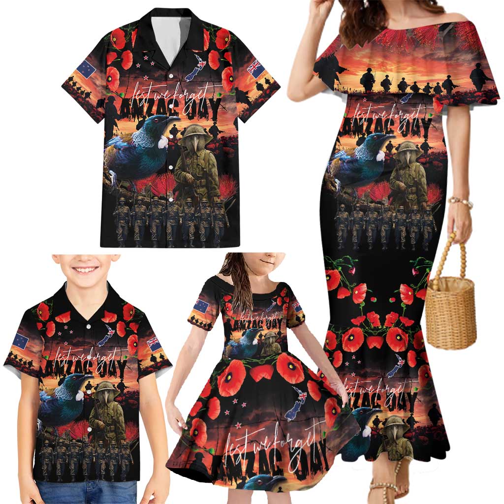 New Zealand ANZAC Day Family Matching Mermaid Dress and Hawaiian Shirt Tui Bird and Kiwi Bird Soldier - Forever in My Thoughts LT03 - Polynesian Pride