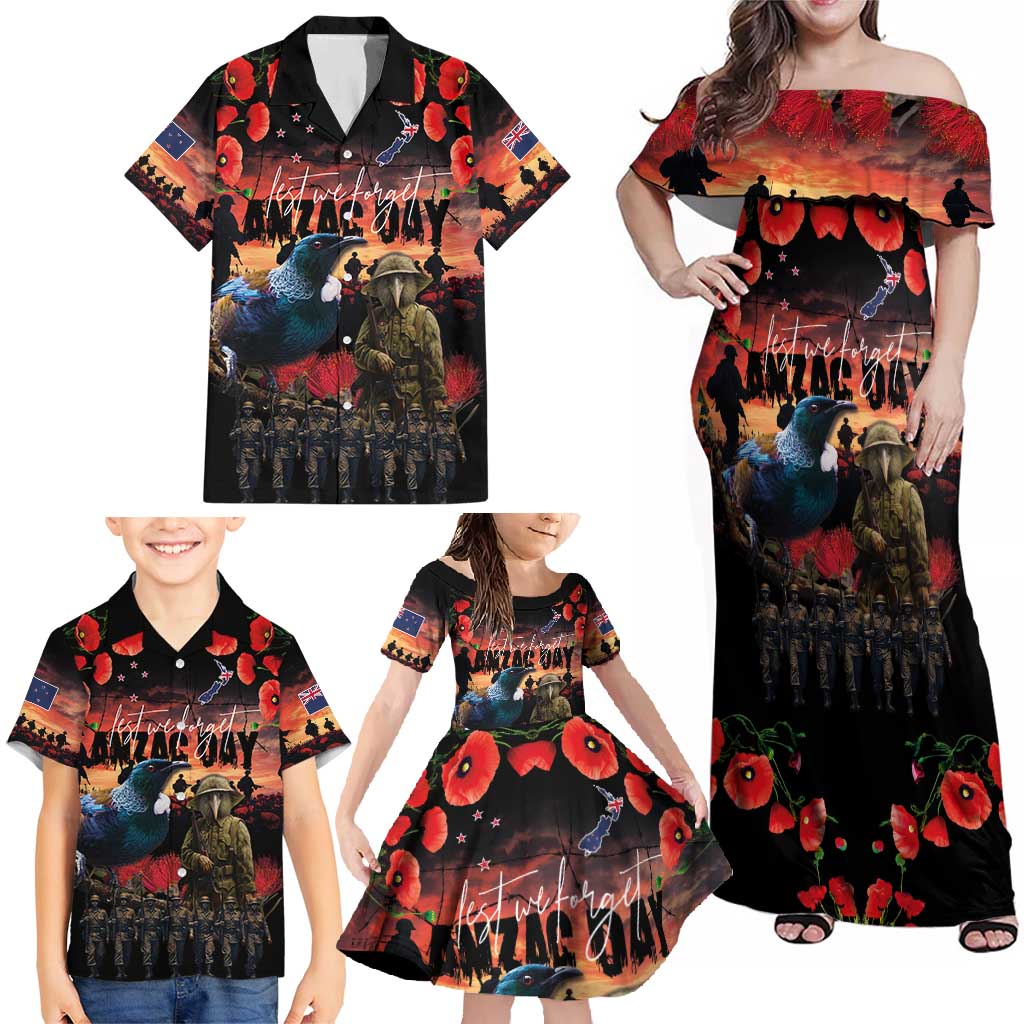New Zealand ANZAC Day Family Matching Off Shoulder Maxi Dress and Hawaiian Shirt Tui Bird and Kiwi Bird Soldier - Forever in My Thoughts LT03 - Polynesian Pride