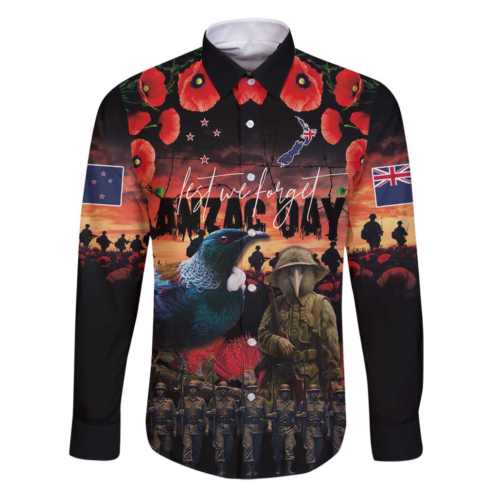 New Zealand ANZAC Day Family Matching Puletasi and Hawaiian Shirt Tui Bird and Kiwi Bird Soldier - Forever in My Thoughts LT03 Dad's Shirt - Long Sleeve Black - Polynesian Pride