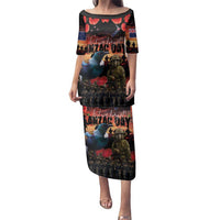New Zealand ANZAC Day Family Matching Puletasi and Hawaiian Shirt Tui Bird and Kiwi Bird Soldier - Forever in My Thoughts LT03 Mom's Dress Black - Polynesian Pride