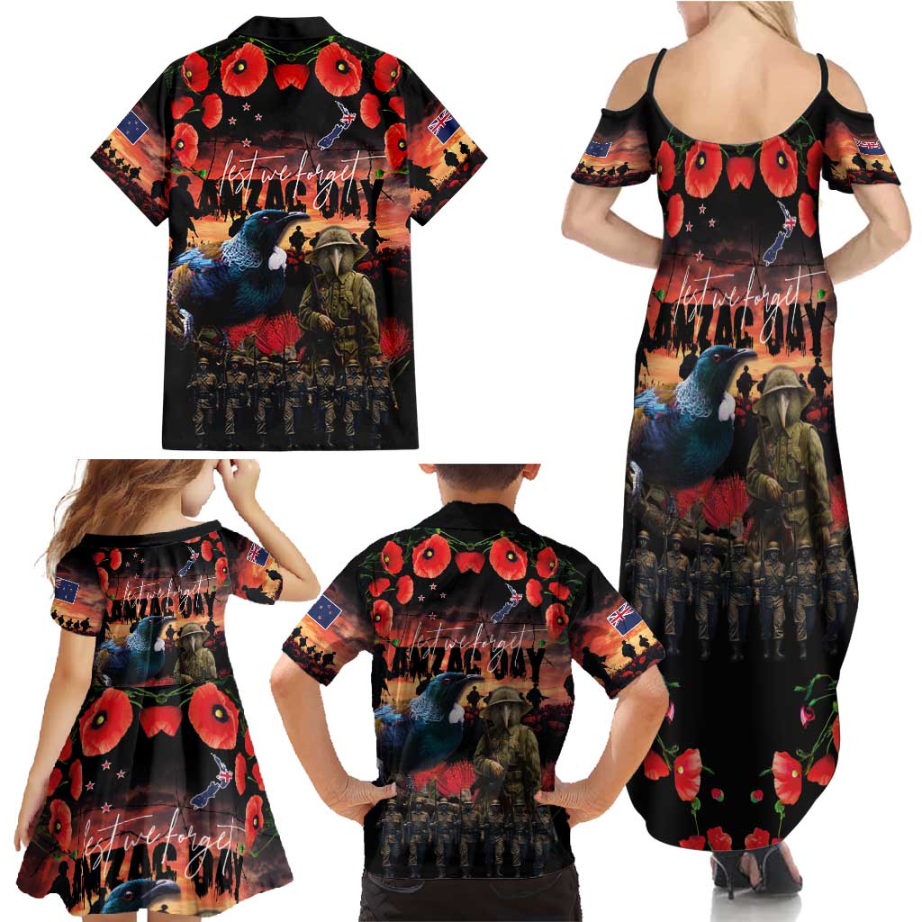 New Zealand ANZAC Day Family Matching Summer Maxi Dress and Hawaiian Shirt Tui Bird and Kiwi Bird Soldier - Forever in My Thoughts LT03 - Polynesian Pride