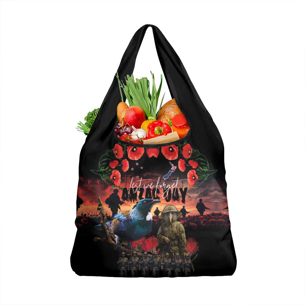 New Zealand ANZAC Day Grocery Bag Tui Bird and Kiwi Bird Soldier - Forever in My Thoughts LT03 1-pack One Size Black - Polynesian Pride