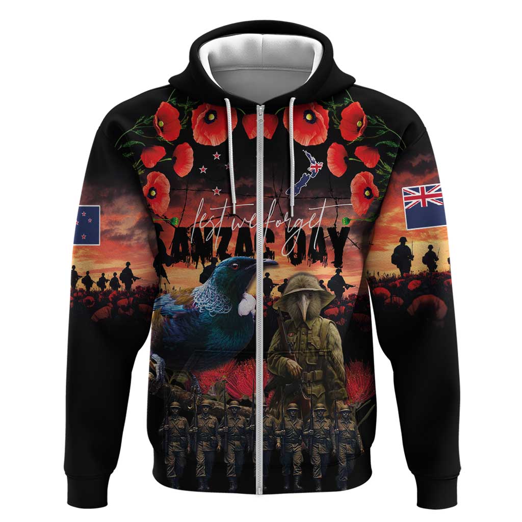 New Zealand ANZAC Day Hoodie Tui Bird and Kiwi Bird Soldier - Forever in My Thoughts LT03 Zip Hoodie Black - Polynesian Pride