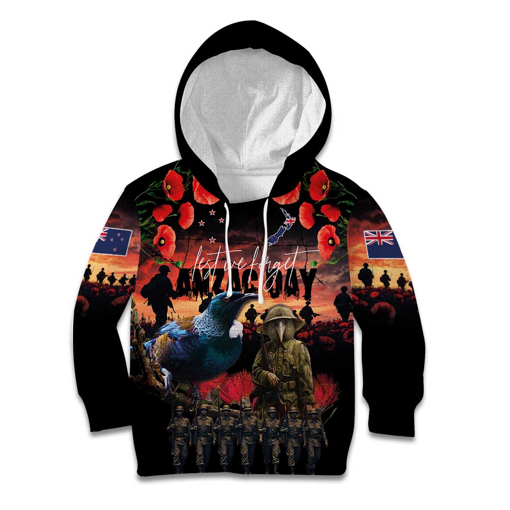 New Zealand ANZAC Day Kid Hoodie Tui Bird and Kiwi Bird Soldier - Forever in My Thoughts LT03 Hoodie Black - Polynesian Pride