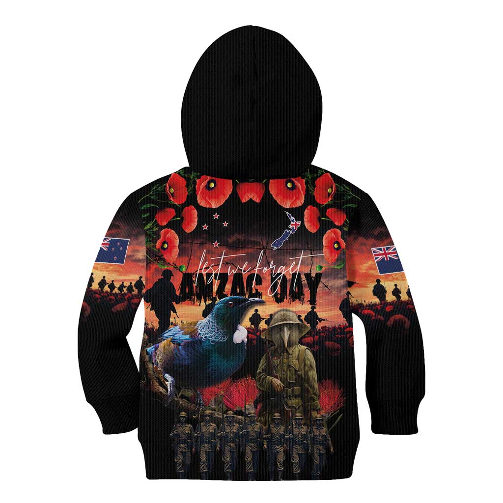 New Zealand ANZAC Day Kid Hoodie Tui Bird and Kiwi Bird Soldier - Forever in My Thoughts LT03 - Polynesian Pride
