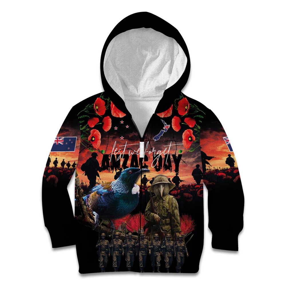New Zealand ANZAC Day Kid Hoodie Tui Bird and Kiwi Bird Soldier - Forever in My Thoughts LT03 Zip Hoodie Black - Polynesian Pride