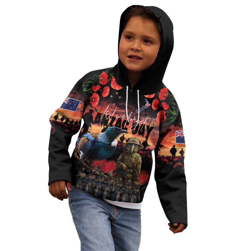 New Zealand ANZAC Day Kid Hoodie Tui Bird and Kiwi Bird Soldier - Forever in My Thoughts LT03 - Polynesian Pride