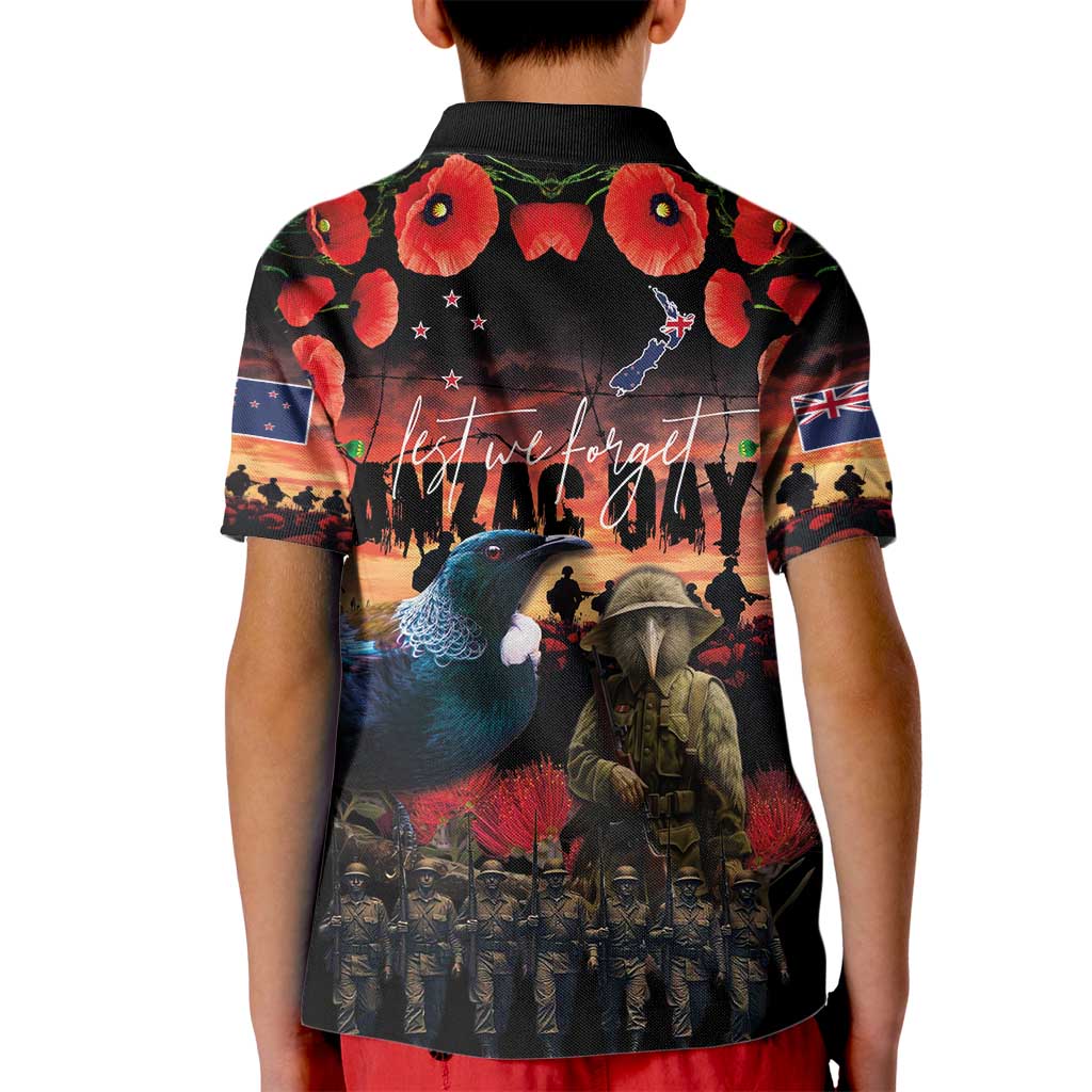 New Zealand ANZAC Day Kid Polo Shirt Tui Bird and Kiwi Bird Soldier - Forever in My Thoughts LT03 - Polynesian Pride
