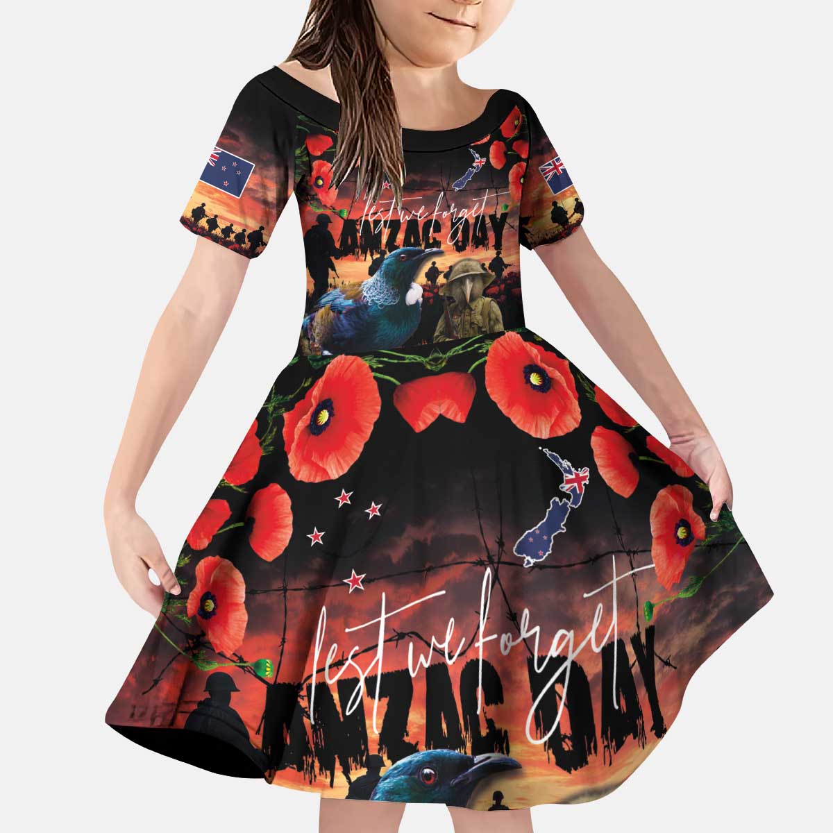 New Zealand ANZAC Day Kid Short Sleeve Dress Tui Bird and Kiwi Bird Soldier - Forever in My Thoughts LT03 KID Black - Polynesian Pride
