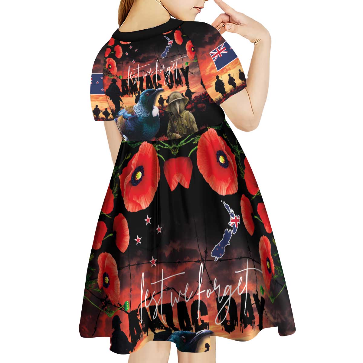 New Zealand ANZAC Day Kid Short Sleeve Dress Tui Bird and Kiwi Bird Soldier - Forever in My Thoughts LT03 - Polynesian Pride