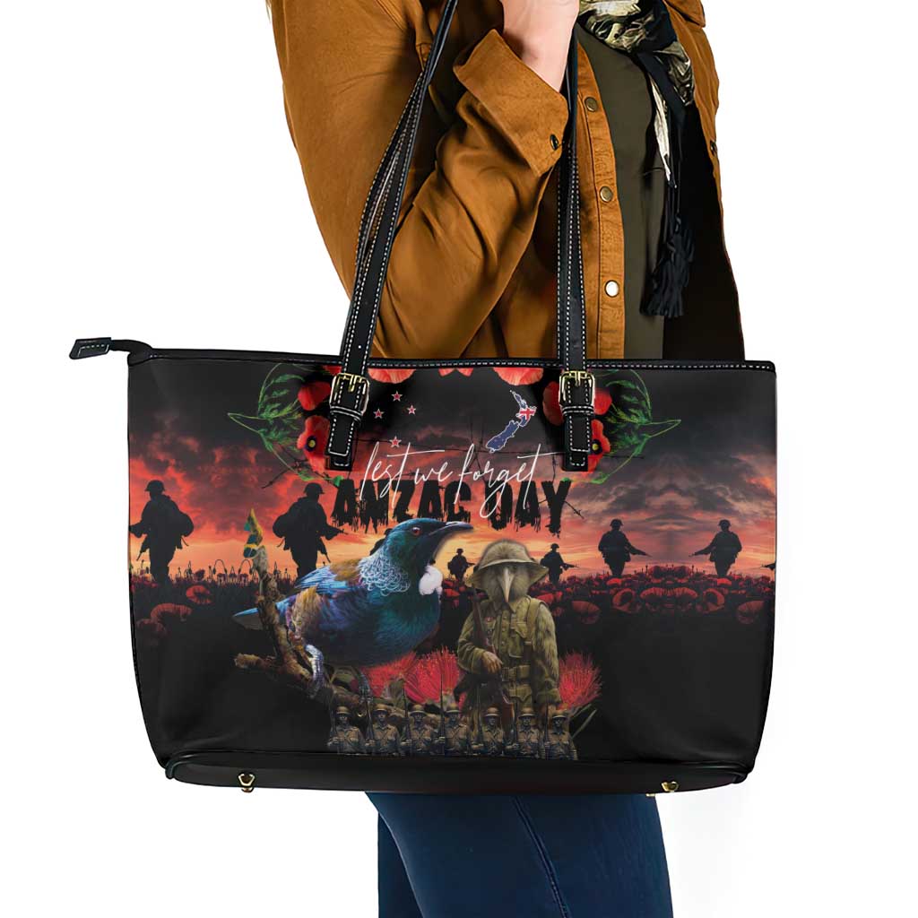 New Zealand ANZAC Day Leather Tote Bag Tui Bird and Kiwi Bird Soldier - Forever in My Thoughts LT03 - Polynesian Pride
