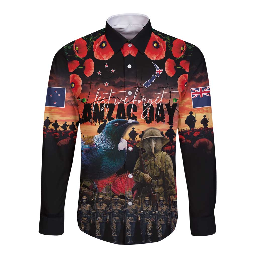 New Zealand ANZAC Day Long Sleeve Button Shirt Tui Bird and Kiwi Bird Soldier - Forever in My Thoughts LT03 Unisex Black - Polynesian Pride