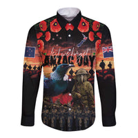 New Zealand ANZAC Day Long Sleeve Button Shirt Tui Bird and Kiwi Bird Soldier - Forever in My Thoughts LT03 Unisex Black - Polynesian Pride