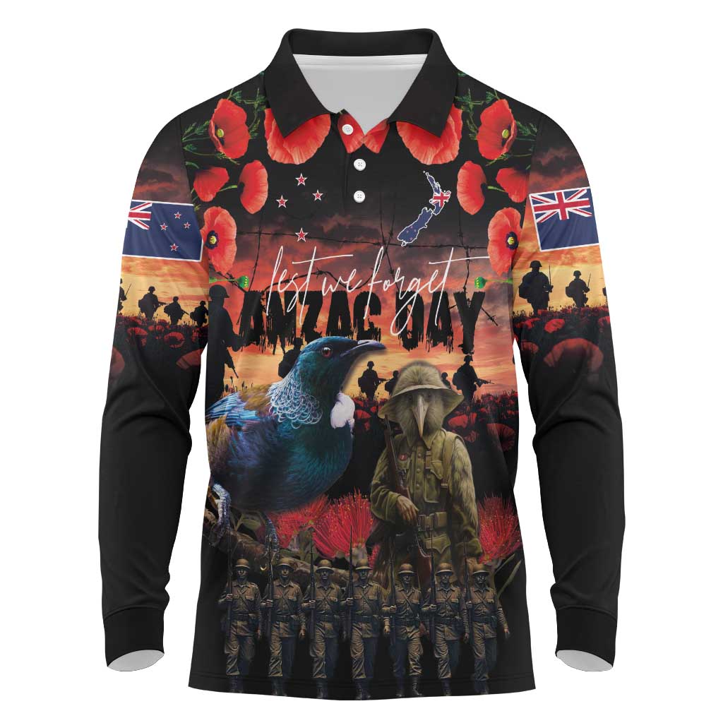 New Zealand ANZAC Day Long Sleeve Polo Shirt Tui Bird and Kiwi Bird Soldier - Forever in My Thoughts LT03 Black - Polynesian Pride