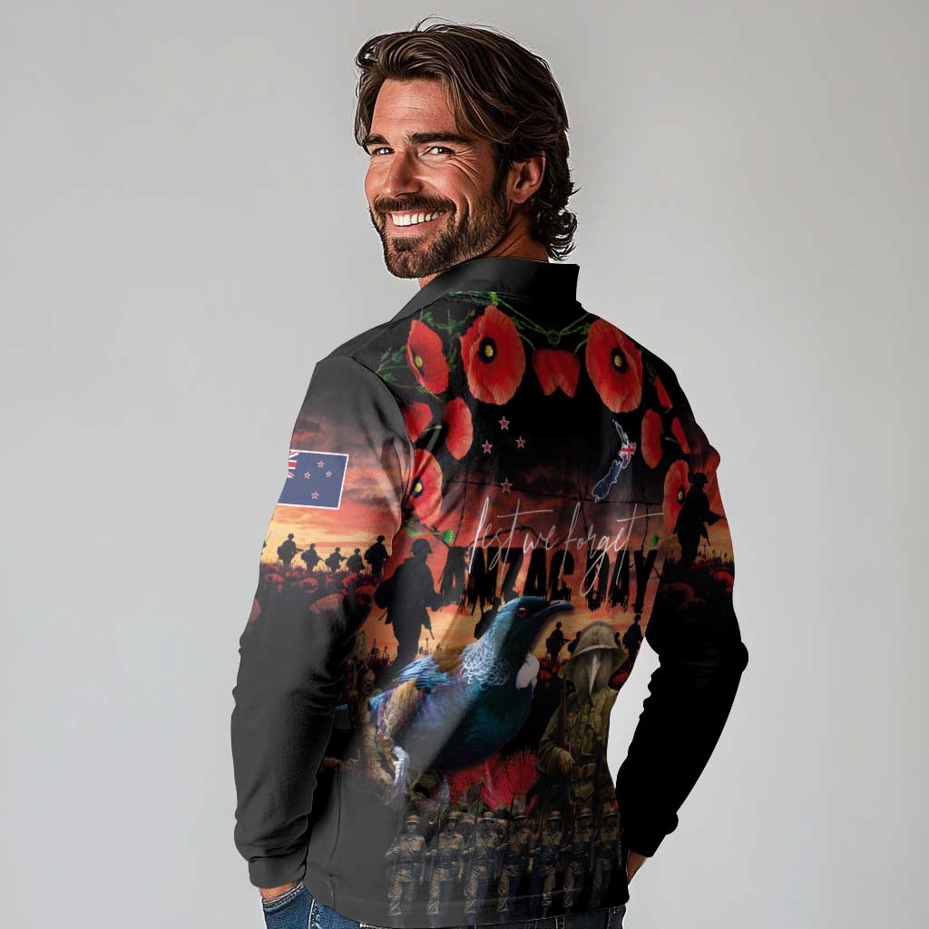 New Zealand ANZAC Day Long Sleeve Polo Shirt Tui Bird and Kiwi Bird Soldier - Forever in My Thoughts LT03 - Polynesian Pride