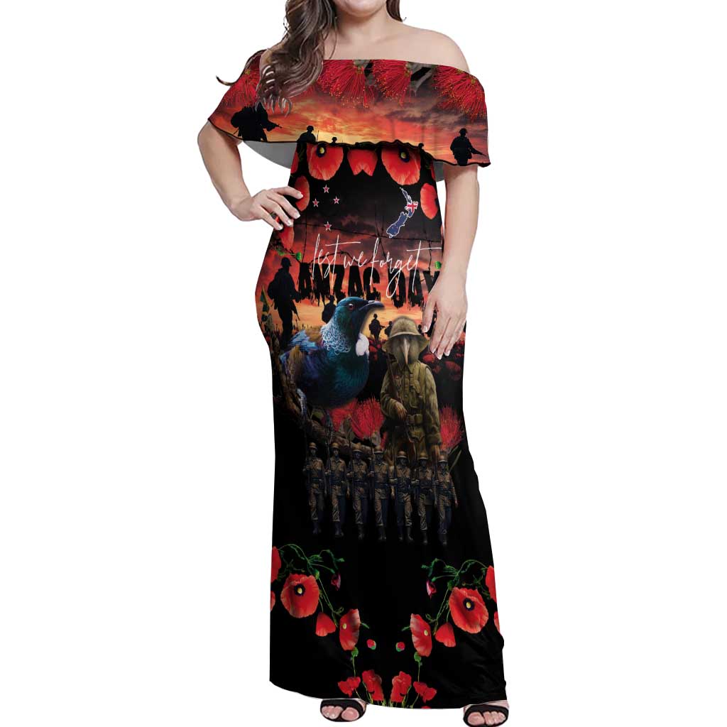 New Zealand ANZAC Day Off Shoulder Maxi Dress Tui Bird and Kiwi Bird Soldier - Forever in My Thoughts LT03 Women Black - Polynesian Pride