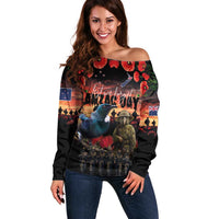 New Zealand ANZAC Day Off Shoulder Sweater Tui Bird and Kiwi Bird Soldier - Forever in My Thoughts LT03 Women Black - Polynesian Pride