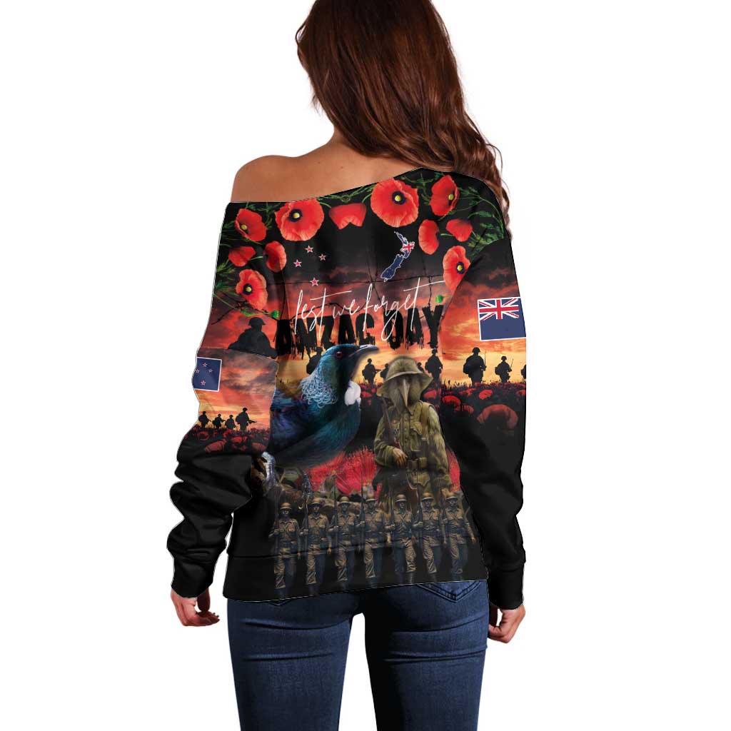 New Zealand ANZAC Day Off Shoulder Sweater Tui Bird and Kiwi Bird Soldier - Forever in My Thoughts LT03 - Polynesian Pride